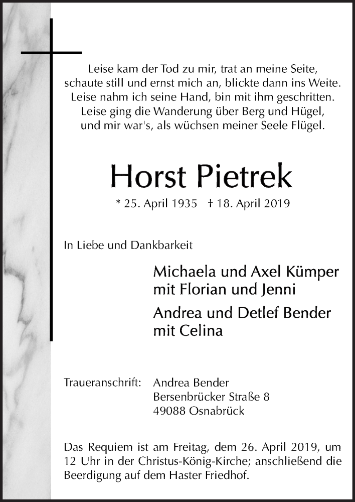  Traueranzeige für Horst Pietrek vom 23.04.2019 aus Neue Osnabrücker Zeitung GmbH & Co. KG
