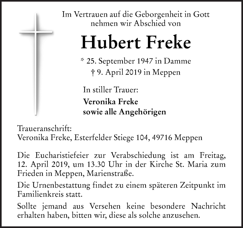  Traueranzeige für Hubert Freke vom 11.04.2019 aus Neue Osnabrücker Zeitung GmbH & Co. KG