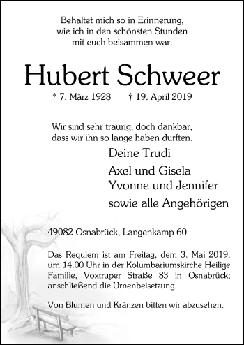 Traueranzeige von Hubert Schweer von Neue Osnabrücker Zeitung GmbH & Co. KG