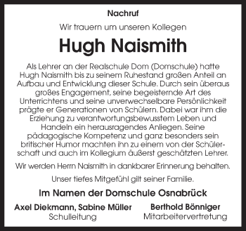 Traueranzeige von Hugh Naismith von Neue Osnabrücker Zeitung GmbH & Co. KG