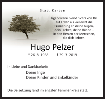 Traueranzeige von Hugo Pelzer von Neue Osnabrücker Zeitung GmbH & Co. KG