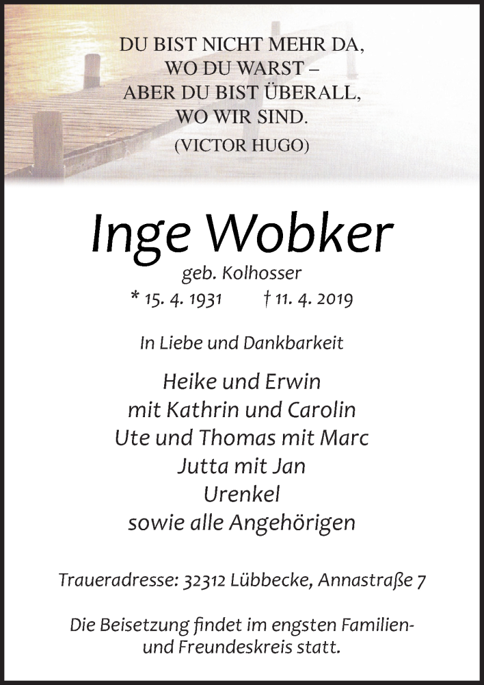  Traueranzeige für Inge Wobker vom 17.04.2019 aus Neue Osnabrücker Zeitung GmbH & Co. KG