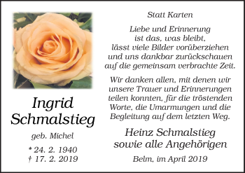 Traueranzeige von Ingrid Schmalstieg von Neue Osnabrücker Zeitung GmbH & Co. KG