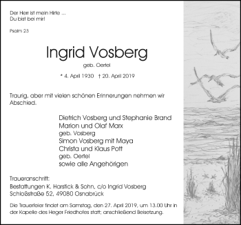 Traueranzeige von Ingrid Vosberg von Neue Osnabrücker Zeitung GmbH & Co. KG