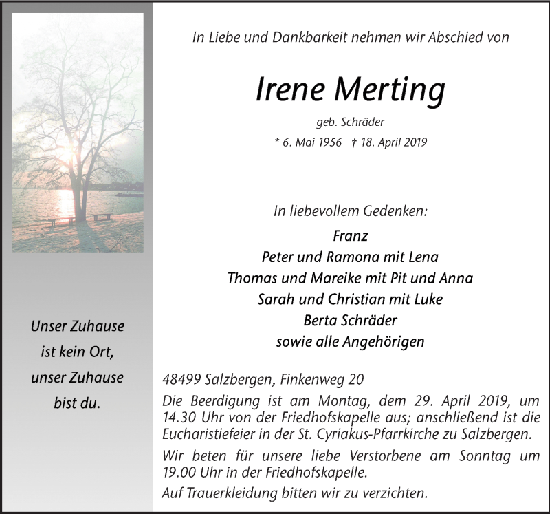  Traueranzeige für Irene Merting vom 20.04.2019 aus Neue Osnabrücker Zeitung GmbH & Co. KG
