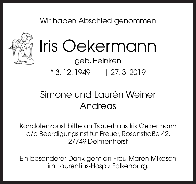  Traueranzeige für Iris Oekermann vom 20.04.2019 aus Neue Osnabrücker Zeitung GmbH & Co. KG