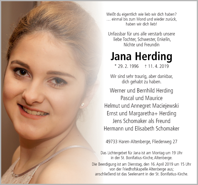 Traueranzeige für Jana Herding vom 13.04.2019 aus Neue Osnabrücker Zeitung GmbH & Co. KG