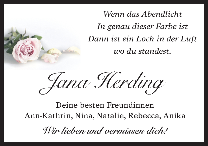  Traueranzeige für Jana Herding vom 15.04.2019 aus Neue Osnabrücker Zeitung GmbH & Co. KG