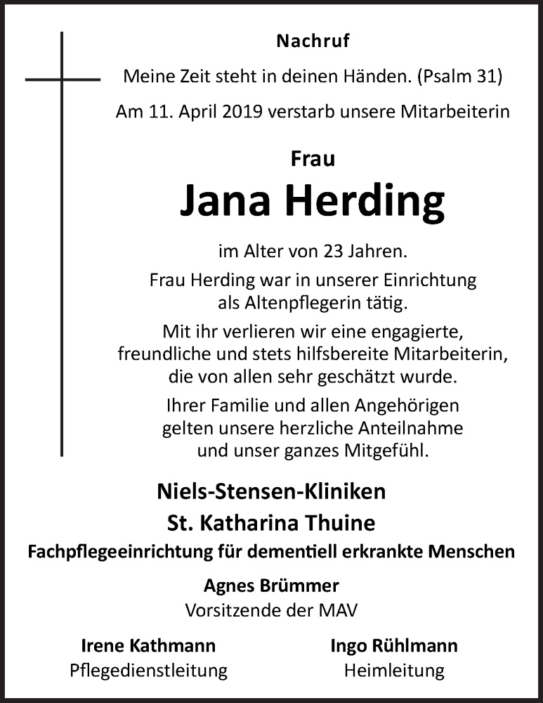  Traueranzeige für Jana Herding vom 20.04.2019 aus Neue Osnabrücker Zeitung GmbH & Co. KG