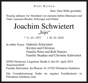 Traueranzeige von Joachim Schwietert von Neue Osnabrücker Zeitung GmbH & Co. KG