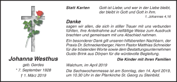 Traueranzeige von Johanna Westhus von Neue Osnabrücker Zeitung GmbH & Co. KG