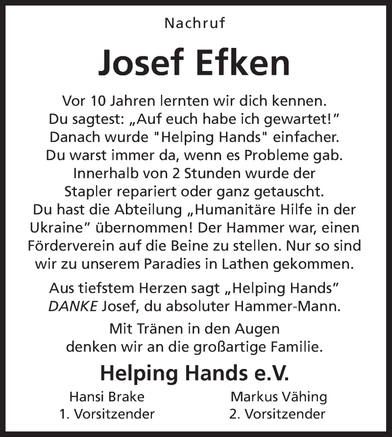  Traueranzeige für Josef Efken vom 10.04.2019 aus Neue Osnabrücker Zeitung GmbH & Co. KG