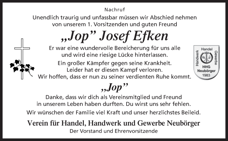  Traueranzeige für Josef Efken vom 09.04.2019 aus Neue Osnabrücker Zeitung GmbH & Co. KG