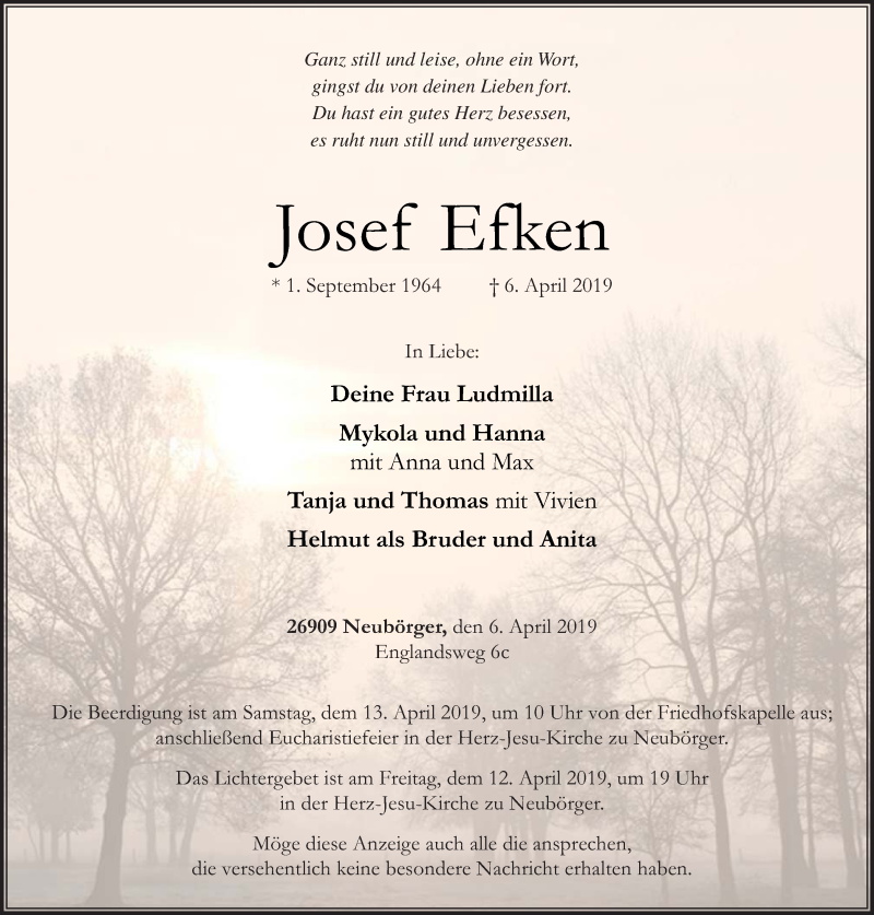  Traueranzeige für Josef Efken vom 09.04.2019 aus Neue Osnabrücker Zeitung GmbH & Co. KG