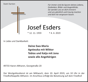 Traueranzeige von Josef Esders von Neue Osnabrücker Zeitung GmbH & Co. KG