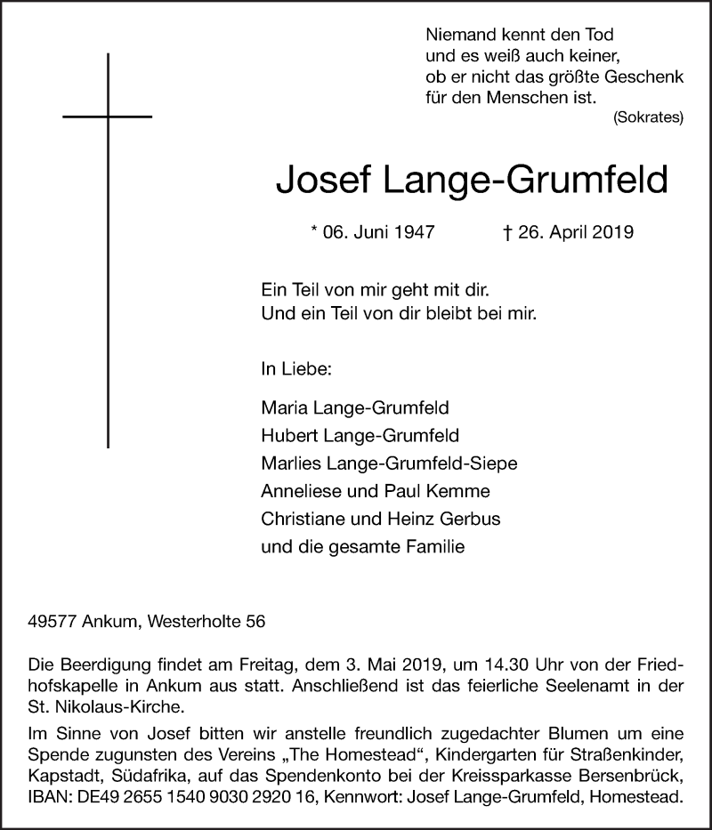  Traueranzeige für Josef Lange-Grumfeld vom 29.04.2019 aus Neue Osnabrücker Zeitung GmbH & Co. KG