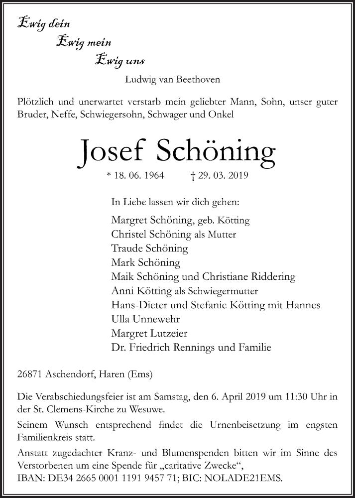  Traueranzeige für Josef Schöning vom 03.04.2019 aus Neue Osnabrücker Zeitung GmbH & Co. KG