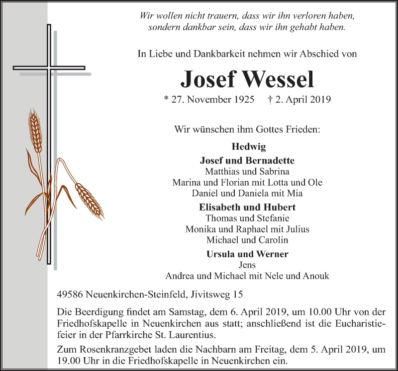  Traueranzeige für Josef Wessel vom 04.04.2019 aus Neue Osnabrücker Zeitung GmbH & Co. KG