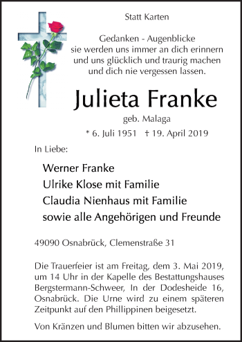 Traueranzeige von Julieta Franke von Neue Osnabrücker Zeitung GmbH & Co. KG