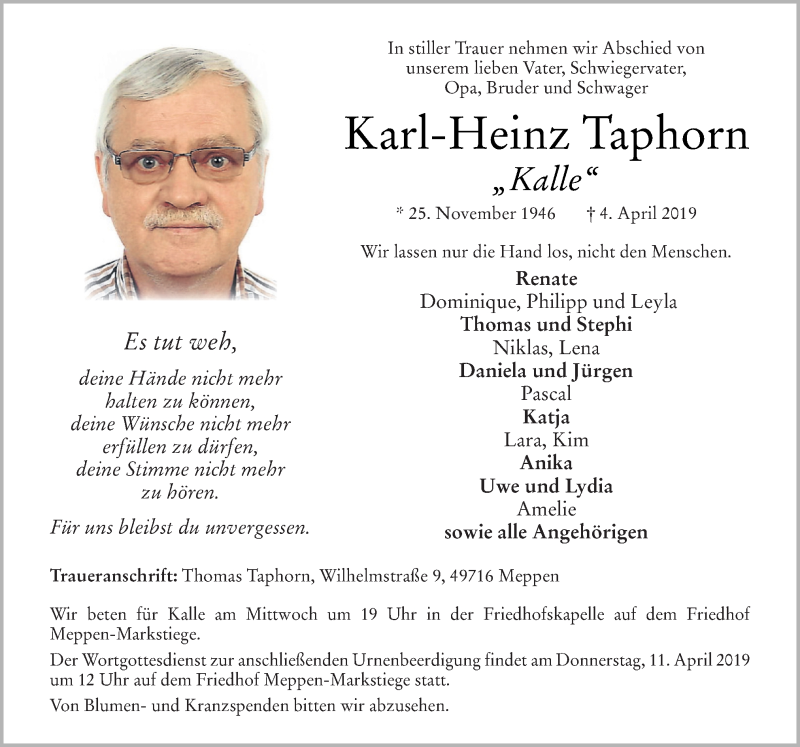  Traueranzeige für Karl-Heinz Taphorn vom 08.04.2019 aus Neue Osnabrücker Zeitung GmbH & Co. KG
