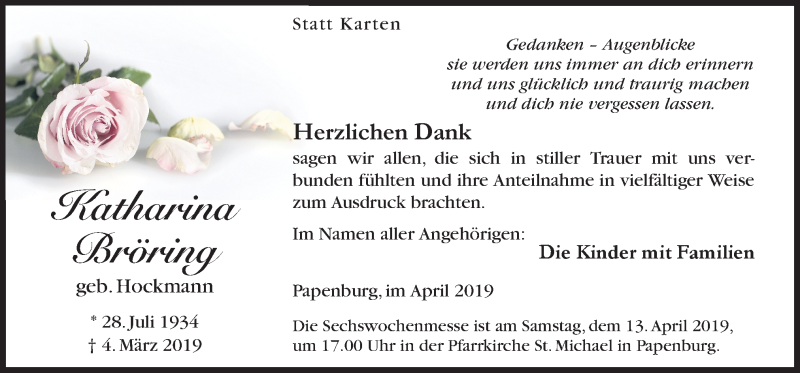  Traueranzeige für Katharina Bröring vom 10.04.2019 aus Neue Osnabrücker Zeitung GmbH & Co. KG