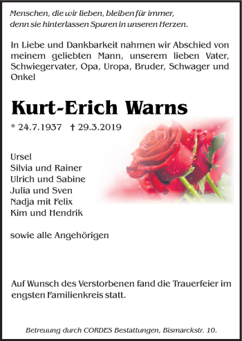 Traueranzeige von Kurt-Erich Warns von Neue Osnabrücker Zeitung GmbH & Co. KG
