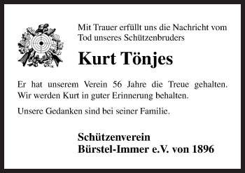 Traueranzeige von Kurt Tönjes von Neue Osnabrücker Zeitung GmbH & Co. KG