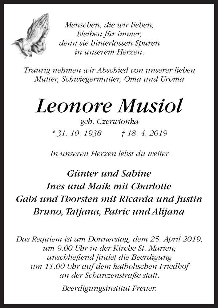 Traueranzeige für Leonore Musiol vom 24.04.2019 aus Neue Osnabrücker Zeitung GmbH & Co. KG
