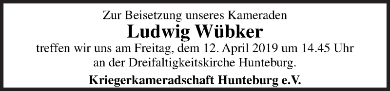  Traueranzeige für Ludwig Wübker vom 10.04.2019 aus Neue Osnabrücker Zeitung GmbH & Co. KG