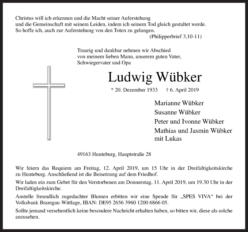  Traueranzeige für Ludwig Wübker vom 09.04.2019 aus Neue Osnabrücker Zeitung GmbH & Co. KG