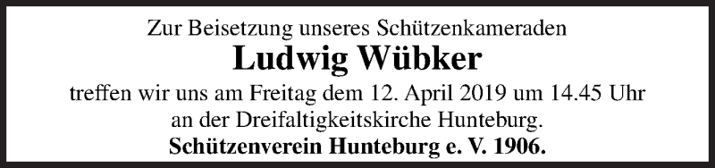  Traueranzeige für Ludwig Wübker vom 10.04.2019 aus Neue Osnabrücker Zeitung GmbH & Co. KG