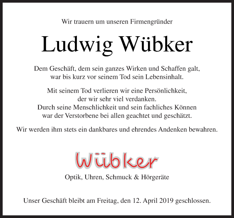  Traueranzeige für Ludwig Wübker vom 09.04.2019 aus Neue Osnabrücker Zeitung GmbH & Co. KG