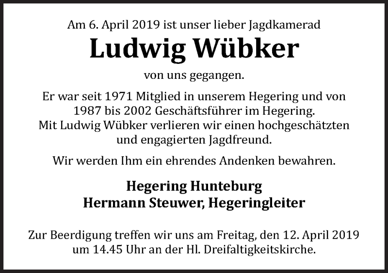  Traueranzeige für Ludwig Wübker vom 11.04.2019 aus Neue Osnabrücker Zeitung GmbH & Co. KG