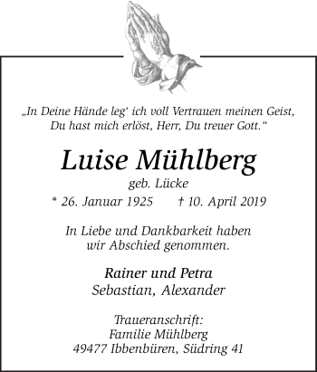 Traueranzeige von Luise Mühlberg von Neue Osnabrücker Zeitung GmbH & Co. KG