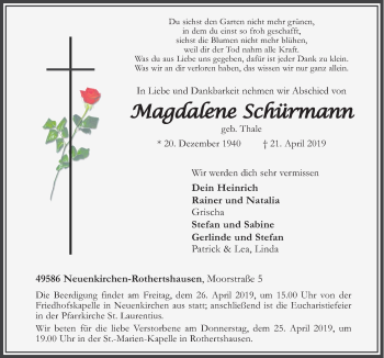 Traueranzeige von Magdalene Schürmann von Neue Osnabrücker Zeitung GmbH & Co. KG