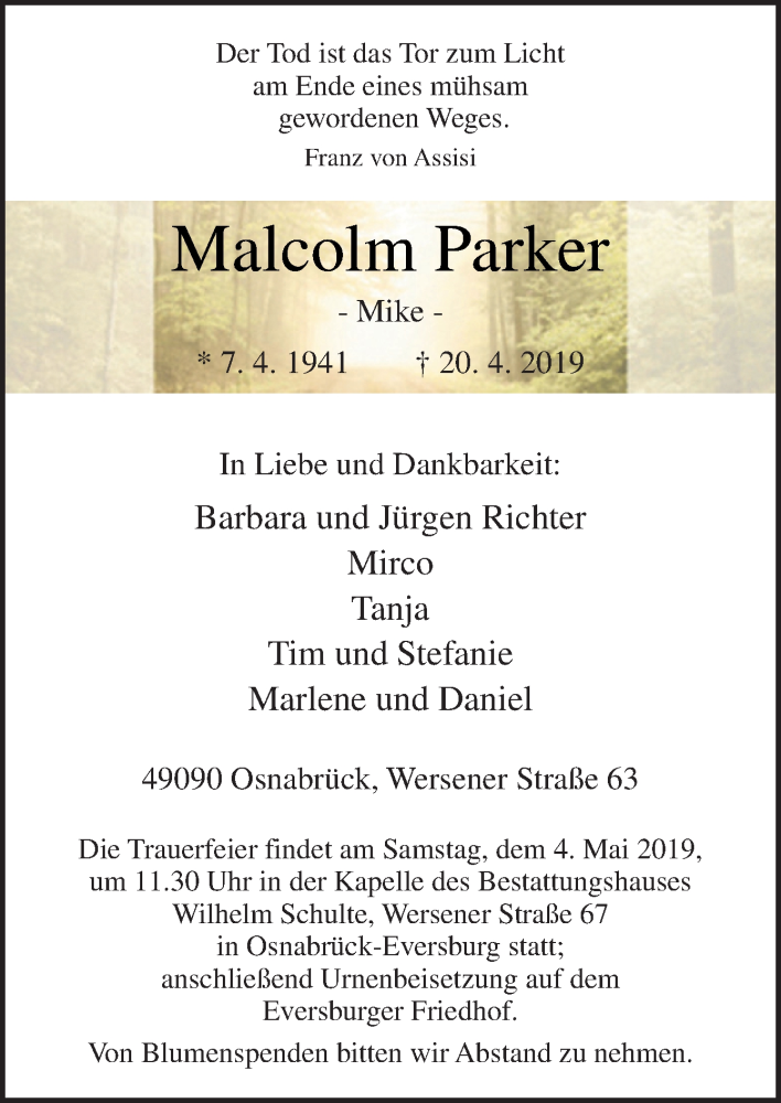  Traueranzeige für Malcolm Parker vom 27.04.2019 aus Neue Osnabrücker Zeitung GmbH & Co. KG