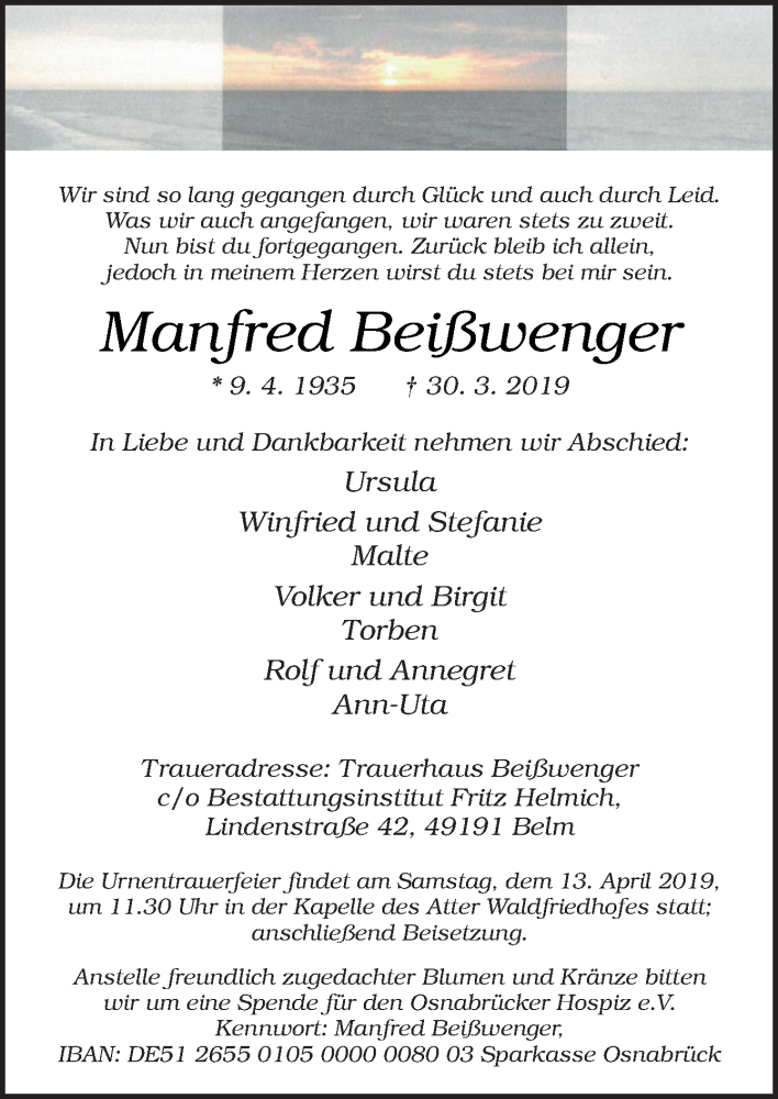  Traueranzeige für Manfred Beißwenger vom 06.04.2019 aus Neue Osnabrücker Zeitung GmbH & Co. KG
