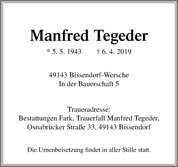Traueranzeige von Manfred Tegeder von Neue Osnabrücker Zeitung GmbH & Co. KG