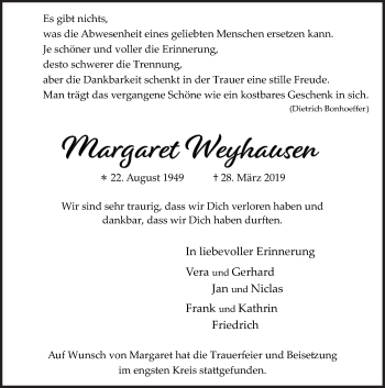 Traueranzeige von Margaret Weyhausen von Neue Osnabrücker Zeitung GmbH & Co. KG