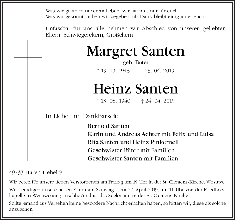  Traueranzeige für Margret und Heinz Santen vom 25.04.2019 aus Neue Osnabrücker Zeitung GmbH & Co. KG