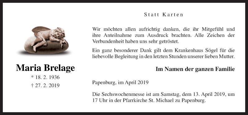  Traueranzeige für Maria Brelage vom 11.04.2019 aus Neue Osnabrücker Zeitung GmbH & Co. KG