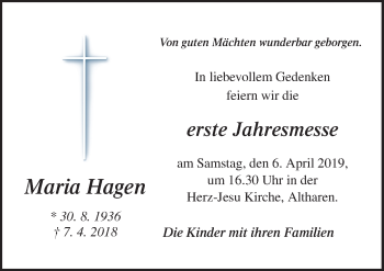 Traueranzeige von Maria Hagen von Neue Osnabrücker Zeitung GmbH & Co. KG