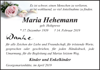 Traueranzeige von Maria Hehemann von Neue Osnabrücker Zeitung GmbH & Co. KG