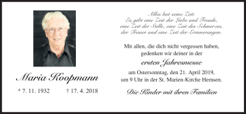 Traueranzeige von Maria Koopmann von Neue Osnabrücker Zeitung GmbH & Co. KG