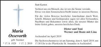 Traueranzeige von Maria Ossevorth von Neue Osnabrücker Zeitung GmbH & Co. KG