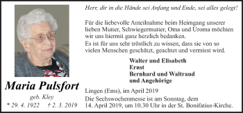 Traueranzeige von Maria Pulsfort von Neue Osnabrücker Zeitung GmbH & Co. KG