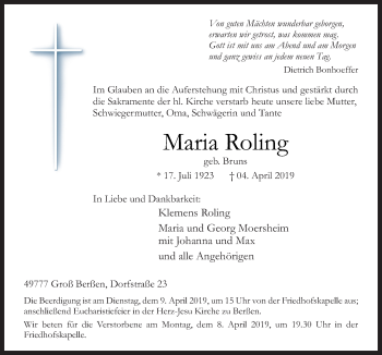 Traueranzeige von Maria Roling von Neue Osnabrücker Zeitung GmbH & Co. KG