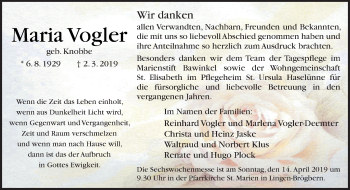 Traueranzeige von Maria Vogler von Neue Osnabrücker Zeitung GmbH & Co. KG