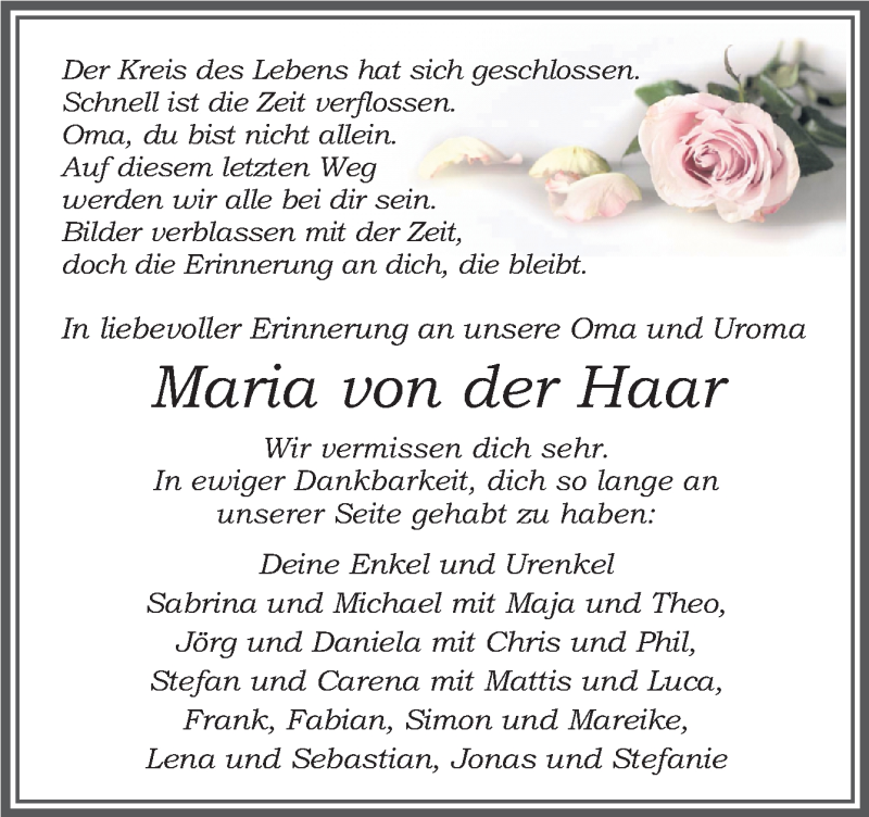  Traueranzeige für Maria von der Haar vom 09.04.2019 aus Neue Osnabrücker Zeitung GmbH & Co. KG