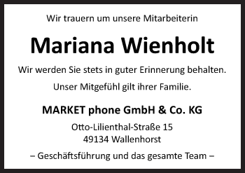 Traueranzeige von Mariana Wienholt von Neue Osnabrücker Zeitung GmbH & Co. KG